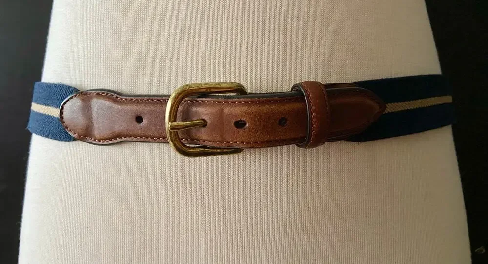 BARRONS-HUNTER Navy/Tan Stripe Stretch Belt w/Leather Tabs Mens sz 38